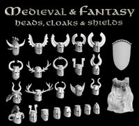 VICTRIX MINIATURES - VXE002 MEDIEVAL AND FANTASY HEADS, CLOAKS AND SHIELDS